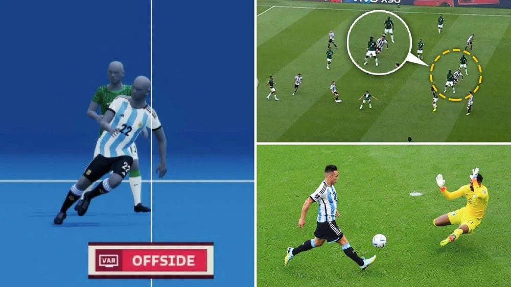 Những hình ảnh phân tích ban đầu của VAR cho thấy Martinez đúng là việt vị khi so với hậu vệ gần anh nhất...