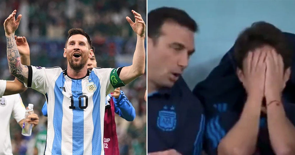 Trợ lý Pablo Aimar ôm mặt khóc nức nở sau khi Messi khai hỏa vào lưới Mexico. Ảnh: GETTY.