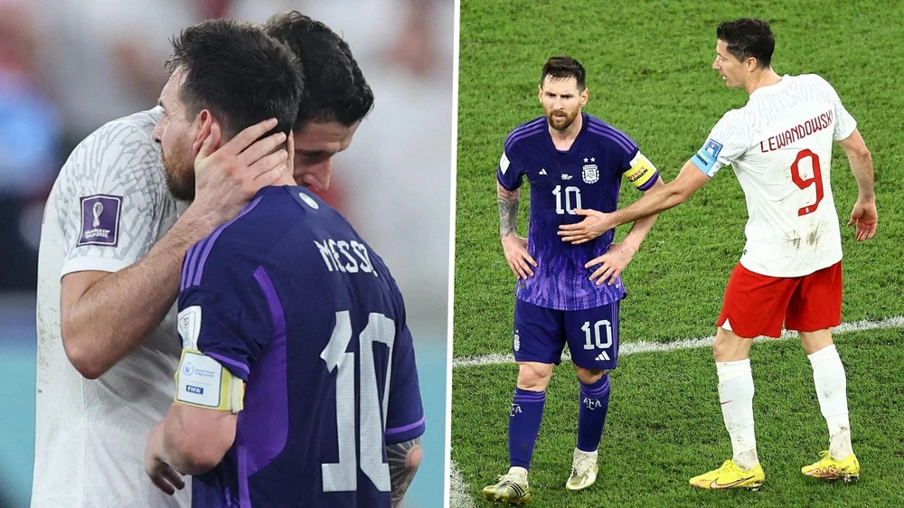 Messi và Lewandowski sau trận đấu đã làm lành với nhau, từ một va chạm trên sân. Ảnh: GETTY.