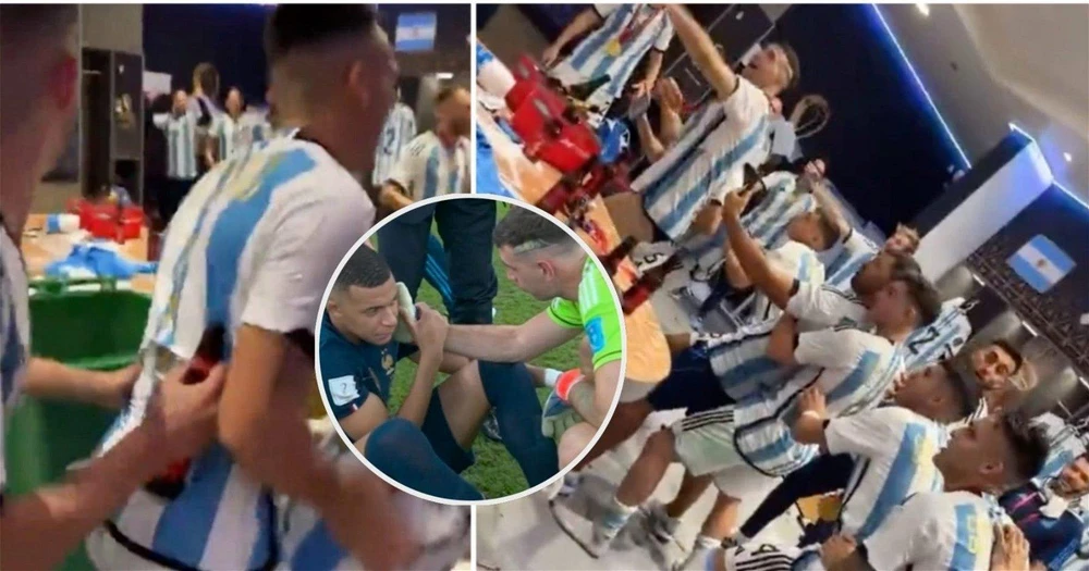 Thủ môn Emiliano Martinez an ủi Mbappe sau trận đấu nhưng sau đó anh và đồng đội chế giễu tiền đạo người Pháp khi ăn mừng trong phòng thay đồ. Ảnh: GETTY.