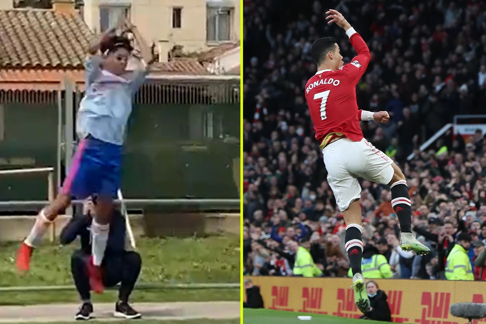 Cha con Ronaldo có kiểu ăn mừng bàn thắng giống nhau. Ảnh: GETTY. Cha con Ronaldo có kiểu ăn mừng bàn thắng giống nhau. Ảnh: GETTY.