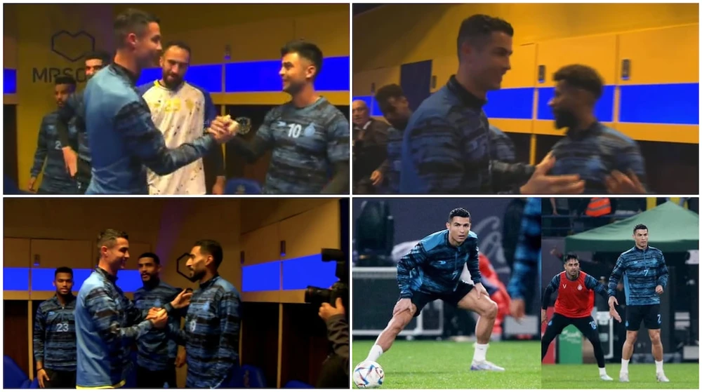 Siêu sao Bồ Đào Nha thăm hỏi đồng đội mới và khoác áo ra sân tập buổi đầu tiên. Ảnh: GETTY.