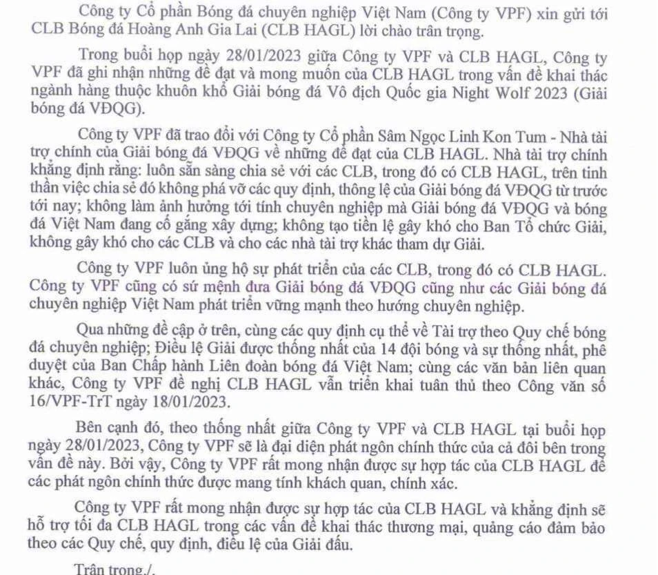 Công văn của VPF thông báo cho HA Gia Lai chiều 30-1...