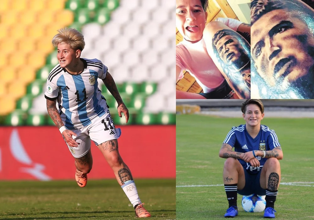 Yamila thích thú với hình xăm Ronaldo trên chân trái của mình. Ảnh: GETTY.