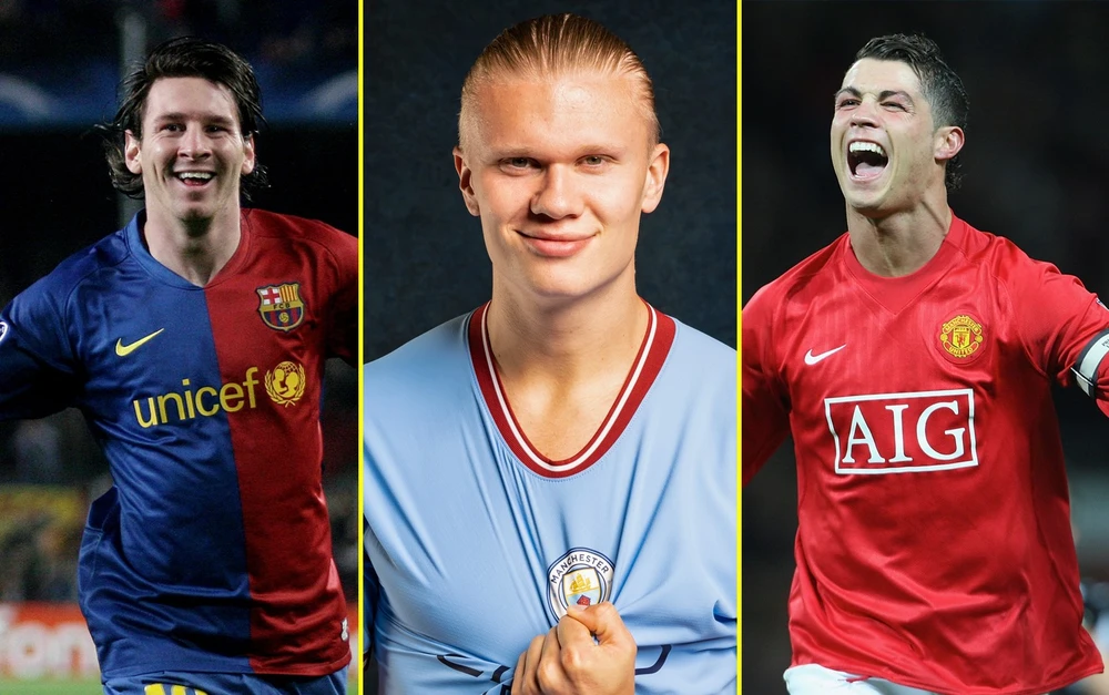 Haaland vừa gia nhập CLB độc quyền ghi 5 bàn thắng, cùng với Messi và Luiz Adriano, không có vua phá lưới Ronaldo. Ảnh: GETTY.