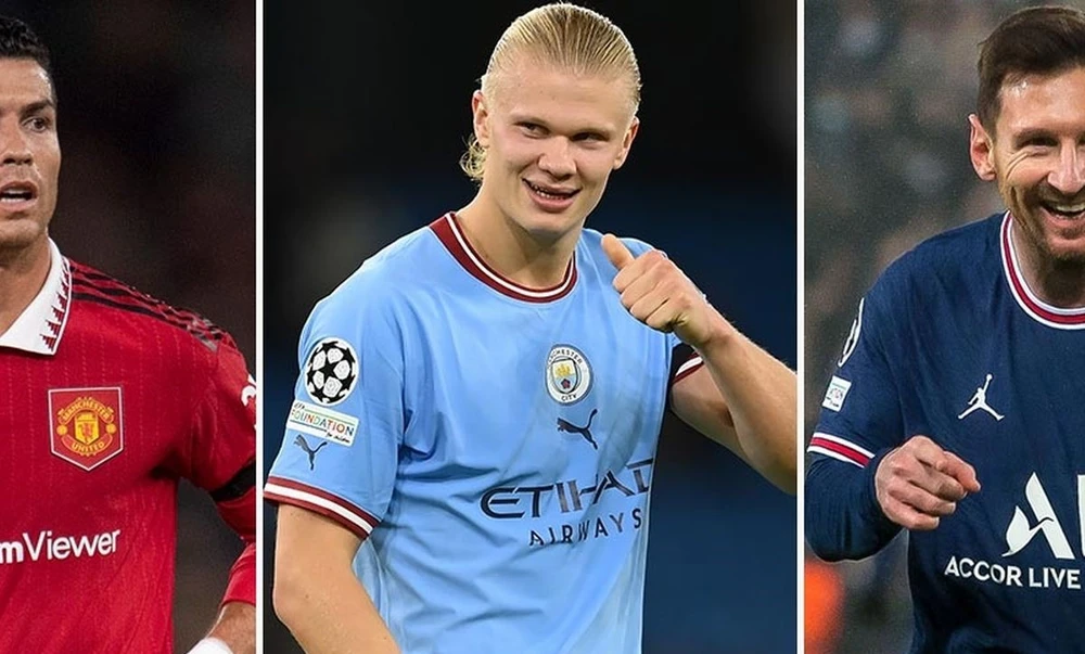 HLV Pep Guardiola nhìn nhận Haaland sánh ngang tầm với Ronaldo và Messi. Ảnh: GETTY.