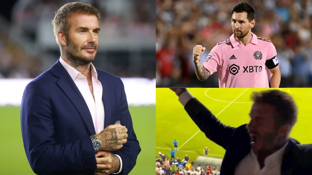 Beckham ăn mừng cuồng nhiệt trên khán đài sau cú sút phạt thành bàn đẳng cấp của Messi. Ảnh: GETTY.