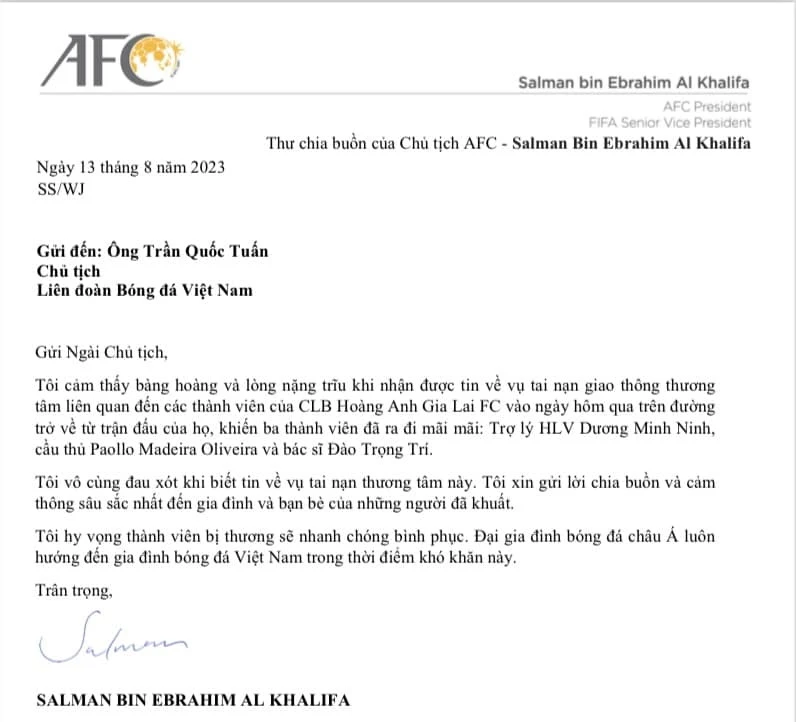 Chủ tịch AFC gửi thư chia buồn đến đại gia đình các thành viên HA Gia Lai tử nạn. Ảnh: AN. Chủ tịch AFC gửi thư chia buồn đến đại gia đình các thành viên HA Gia Lai tử nạn. Ảnh: AN.