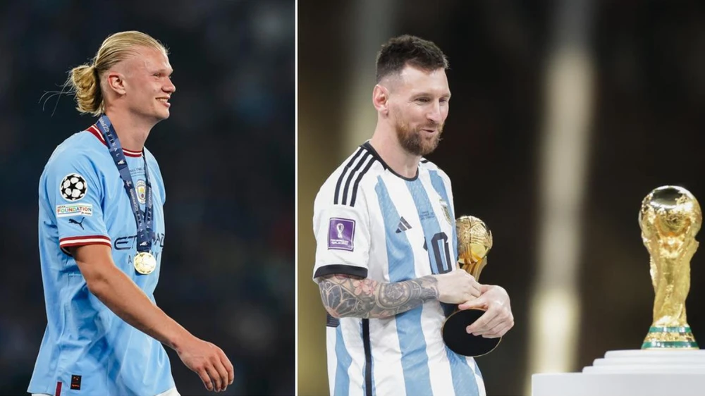Cuộc đua Quả bóng vàng năm nay sẽ diễn ra thú vị giữa Messi và Haaland. Ảnh: GETTY.