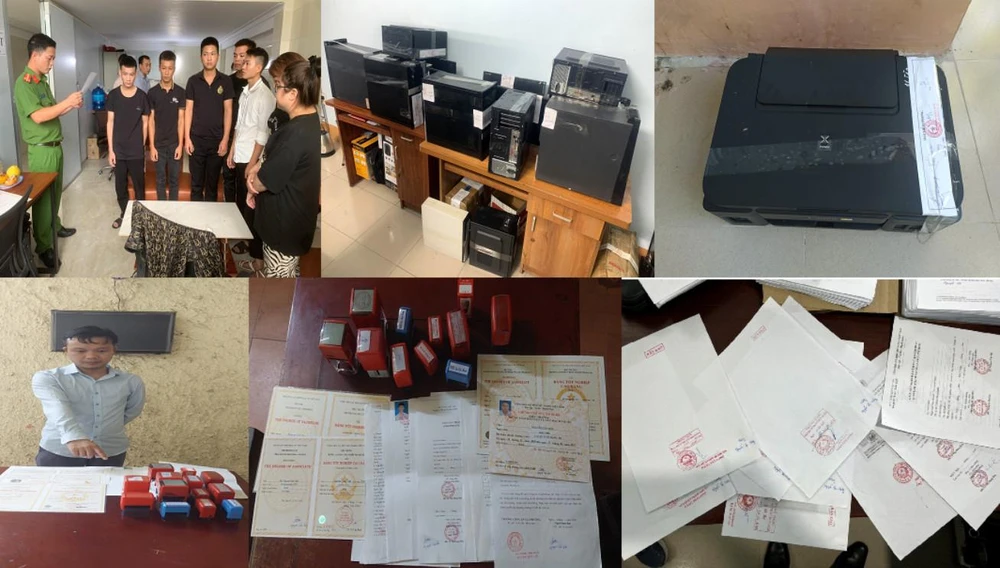 Khám xét nơi ở và nơi làm việc, Công an thu giữ tang vật con dấu và tài liệu. Ảnh CA