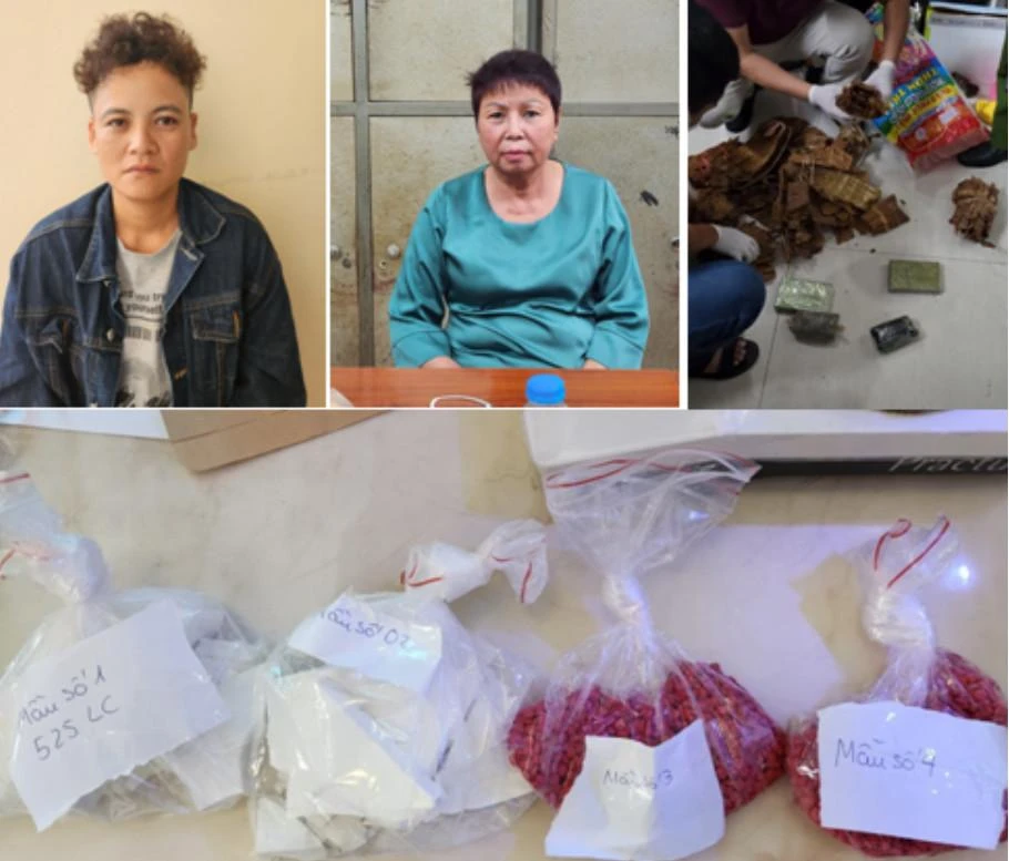 Các nghi phạm và tang vật thu giữ trong vụ án. Ảnh CA