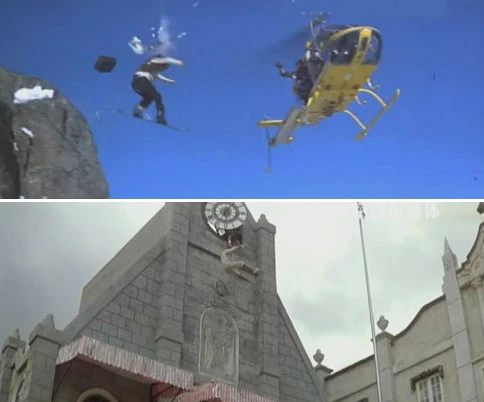 Ảnh trên: Thành Long nhảy từ núi tuyết để bám vào trực thăng trongCâu chuyện cảnh sát 4. Ảnh dưới, Thành Long rơi từ đỉnh nhà thờ xuống, trongKế hoạch A. Thành Long do dự rất lâu trước khi quyết định thực hiện cảnh liều mạng này. l8-6402-1395900074.jpg