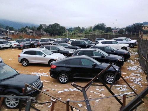 Hàng chục xe sang và siêu sang tại cửa khẩu Bắc Phong Sinh đã bị thu giữ trong cuộc đột kích - Ảnh: LĐO