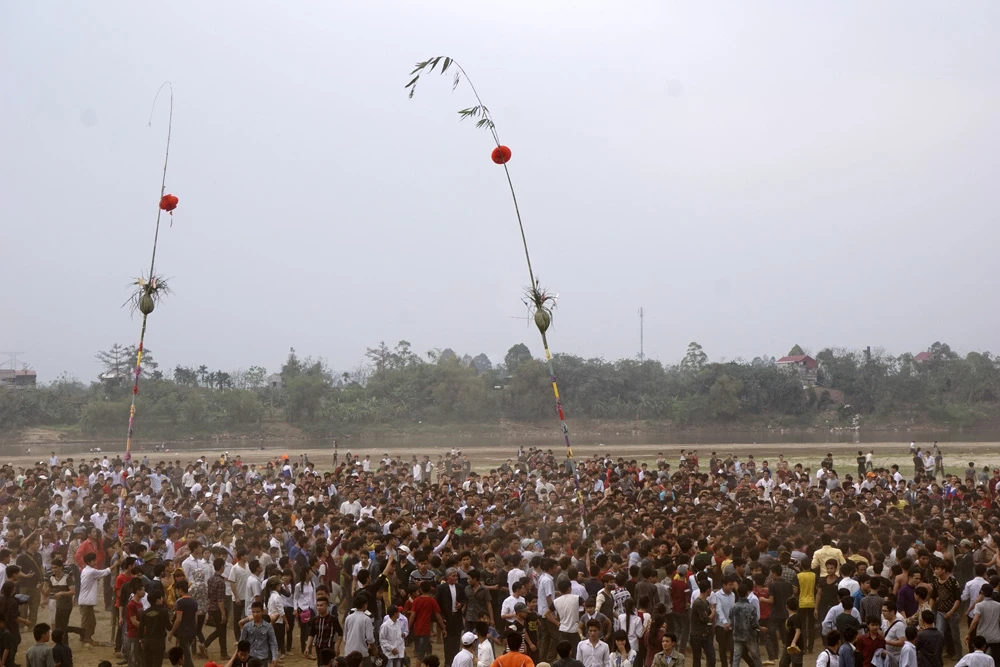 Hàng chục cây nêu cắm quanh bãi sông làm mốc cho khu vực tranh cướp phết.