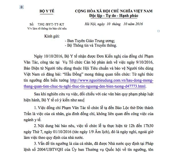 Công văn của Bộ Y tế về clip Vụ trưởng bị tố hầu đồng
