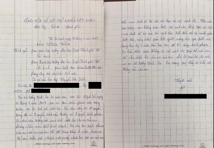 Bản tường trình hoàn cảnh của sinh viên luật photo giáo trình dẫn đến bị đình chỉ học tập 1 năm Ảnh: Quỳnh Như)