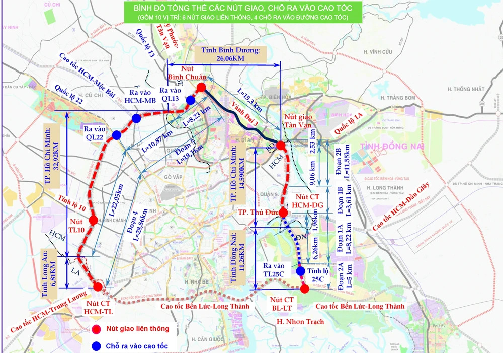 Bình đồ tổng thể các nút giao, chỗ ra vào cao tốc trên tuyến vành đai 3 TP.HCM. Ảnh: Sở GTVT TP.HCM cung cấp.