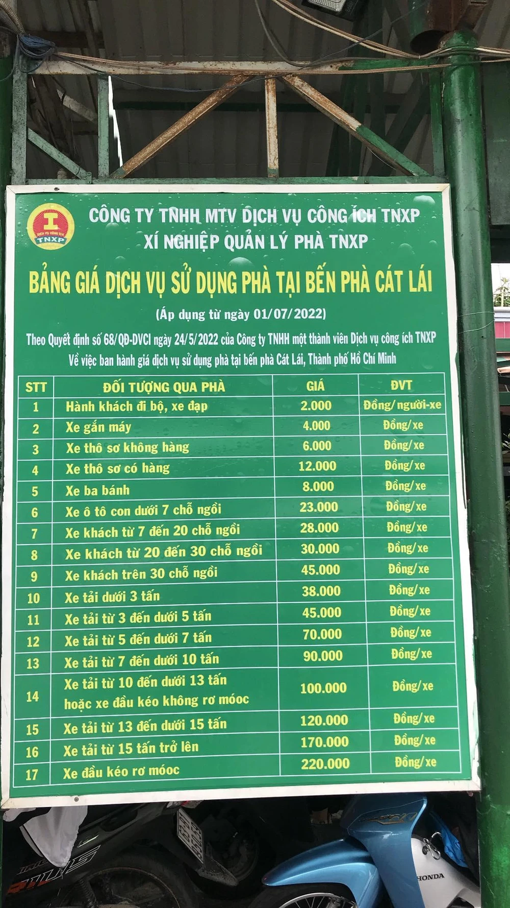 Phà Cát Lái niêm yết thay đổi giá vé. Ảnh: CTV.