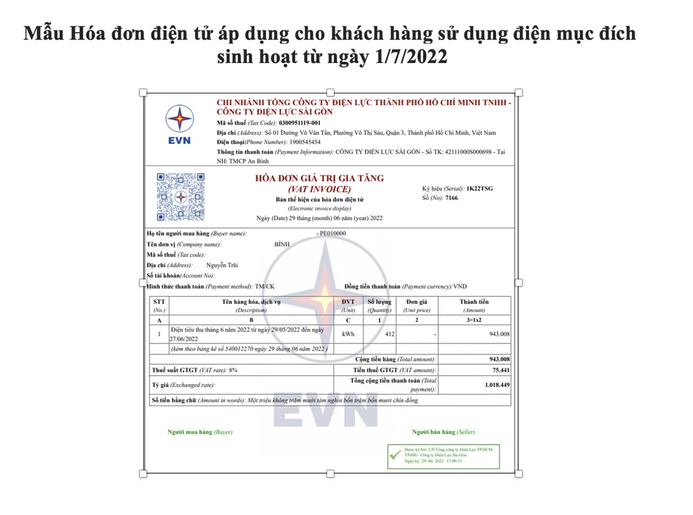 Mẫu Hóa đơn điện tử áp dụng cho khách hàng sử dụng điện mục đích sinh hoạt từ ngày 1-7.