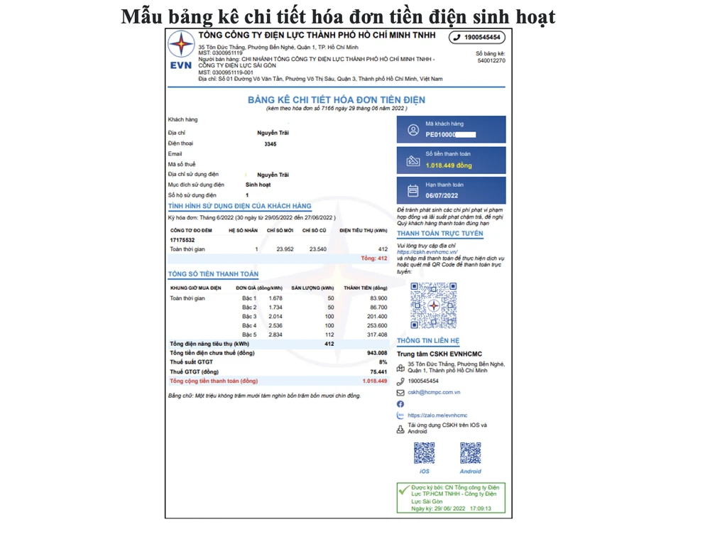 Mẫu bảng kê chi tiết hóa đơn tiền điện sinh hoạt.