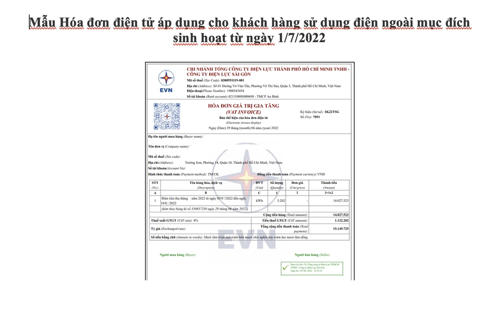 Mẫu Hóa đơn điện tử áp dụng cho khách hàng sử dụng điện ngoài mục đích sinh hoạt từ ngày 1-7.