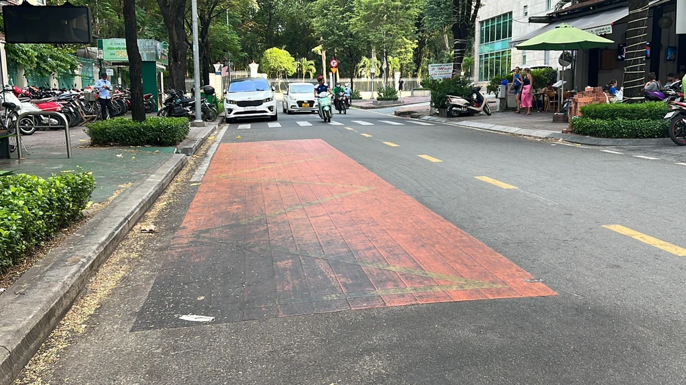 Vạch phản quang màu đỏ ở đường Lê Quý Đôn. Ảnh: ĐT.