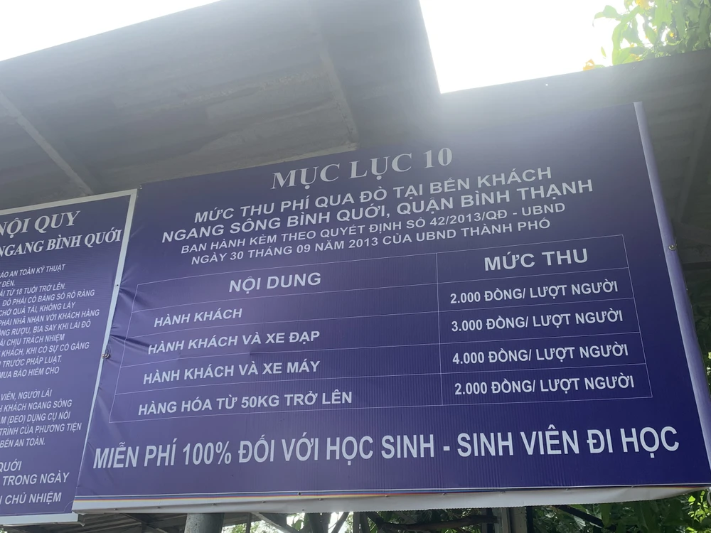 Giá vé khi đi lại trên phà Bình Quới. Ảnh: NHƯ NGỌC