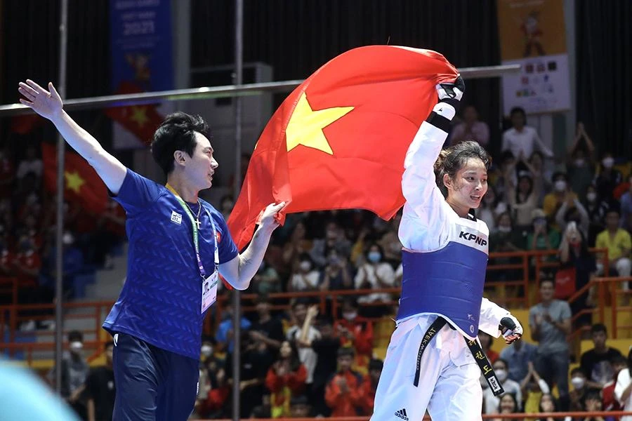 Nguyễn Thị Hương - một trong những vận động viên nữ của Thanh Hóa giành huy chương vàng tại SEA Games 31 hạng 73 kg đối kháng nữ Taekwondo. Ảnh: NCCC