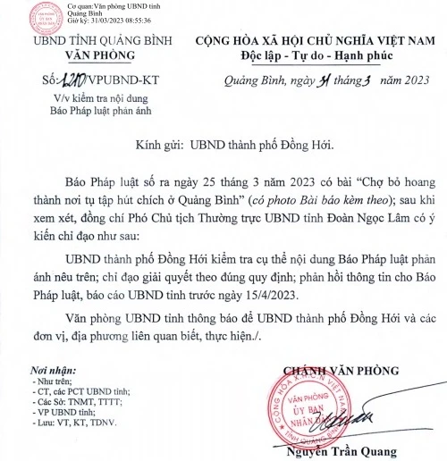 Lãnh đạo tỉnh Quảng Bình chỉ đạo kiểm tra, giải quyết và báo cáo trước ngày 15-4.