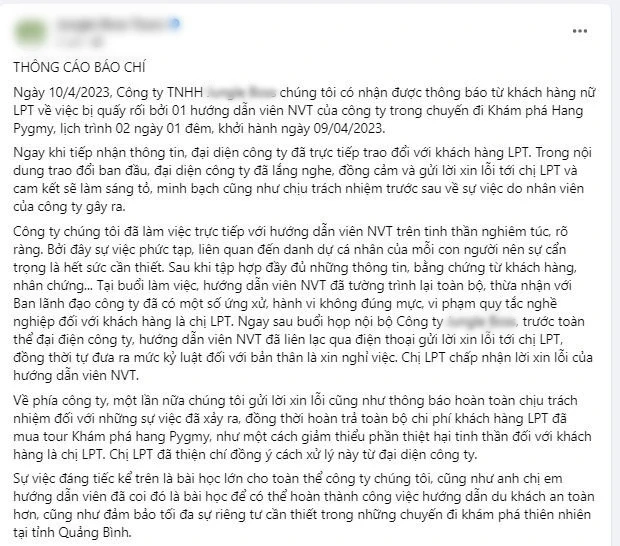 Thông cáo báo chí do Công ty J.B đăng tải trên Fanpage