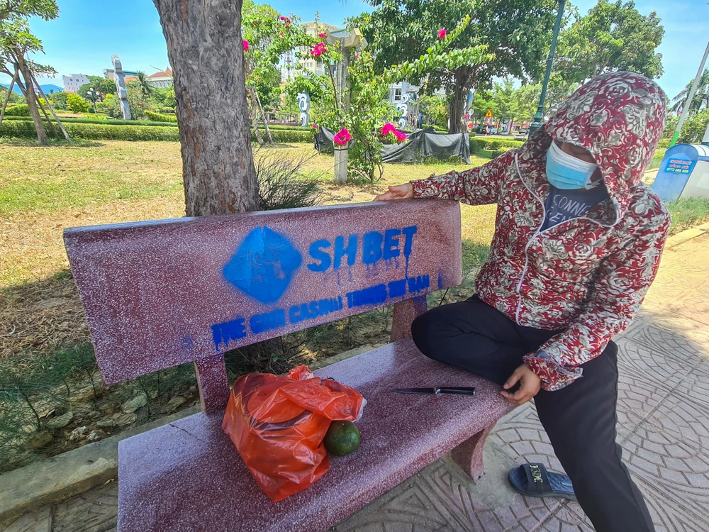 Việc phun sơn quảng cáo lên ghế đá khiến nhiều người dân bày tỏ sức bức xúc trong quá trình sinh hoạt, sử dụng. Ảnh: B.THIÊN