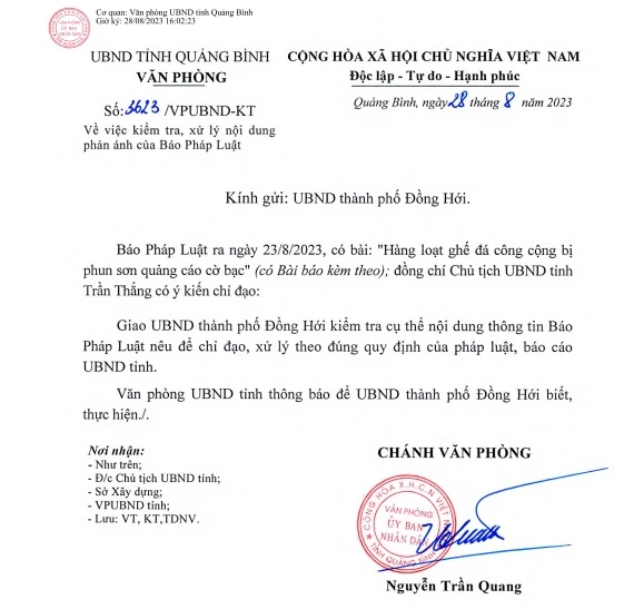 Công văn chỉ đạo của Chủ tịch UBND tỉnh Quảng Bình.