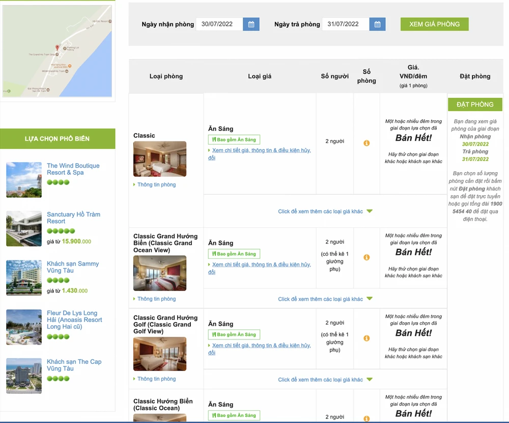 Resort 5 sao tại Hồ Tràm hết phòng vào dịp cuối tuần