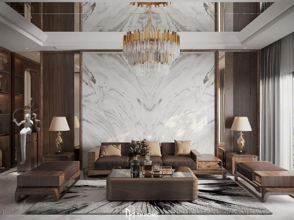 Không gian phòng khách với chất liệu gỗ óc chó sang trọng