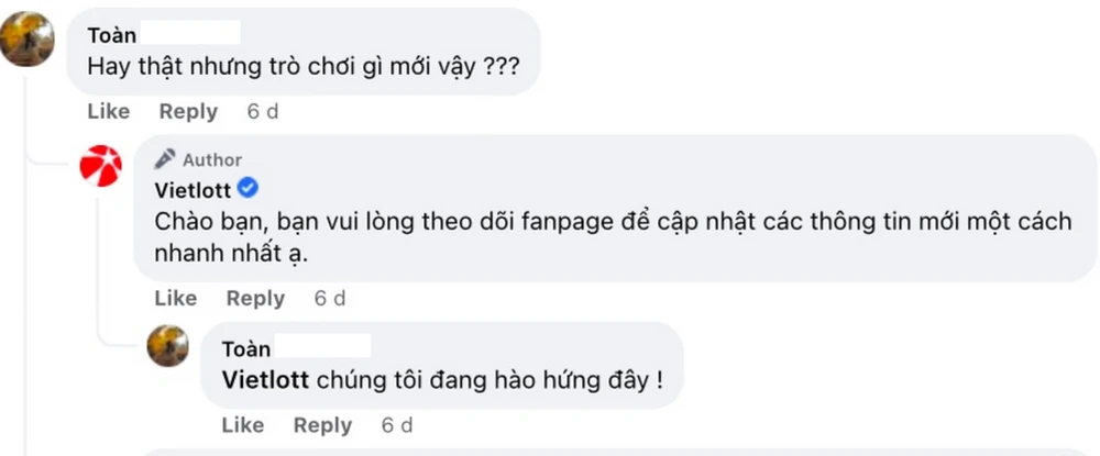 Bình luận bày tỏ sự háo hức, mong chờ của người chơi đối với sản phẩm xổ số Bingo18 trên Vietlott SMS.