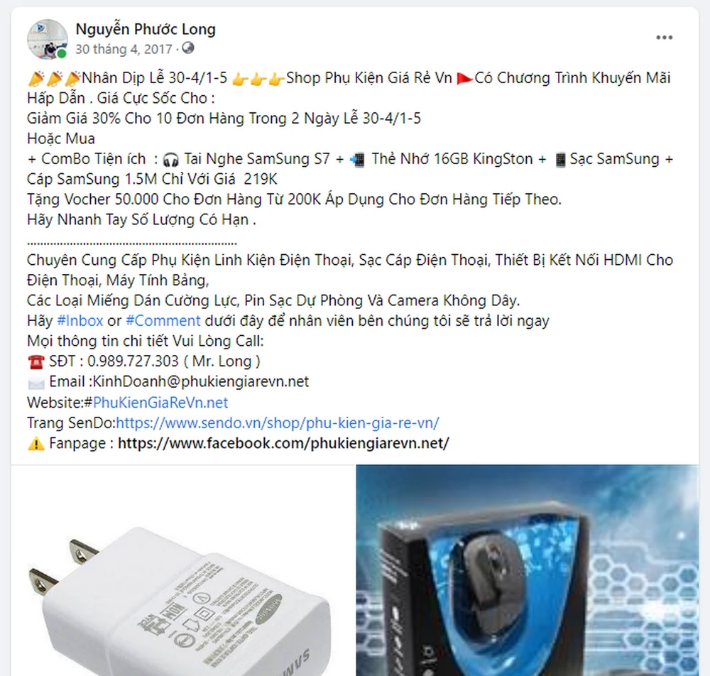 Nguyễn Phước Long bán hàng trên sàn thương mại điện tử Sendo và website Phukiengiarevn