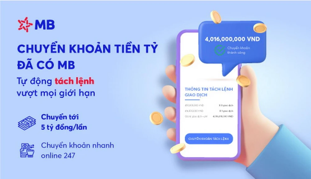 Tính năng "Tách lệnh tự động" trên App MBBank, cho phép khách hàng chuyển khoản vượt mọi giới hạn trong thời gian siêu nhanh Tính năng "Tách lệnh tự động" trên App MBBank, cho phép khách hàng chuyển khoản vượt mọi giới hạn trong thời gian siêu nhanh