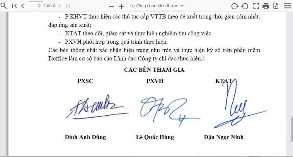 Biểu mẫu biên bản hiện trường có chữ ký số EVNCA của các đơn vị trong Công ty Thủy điện Bản Vẽ.