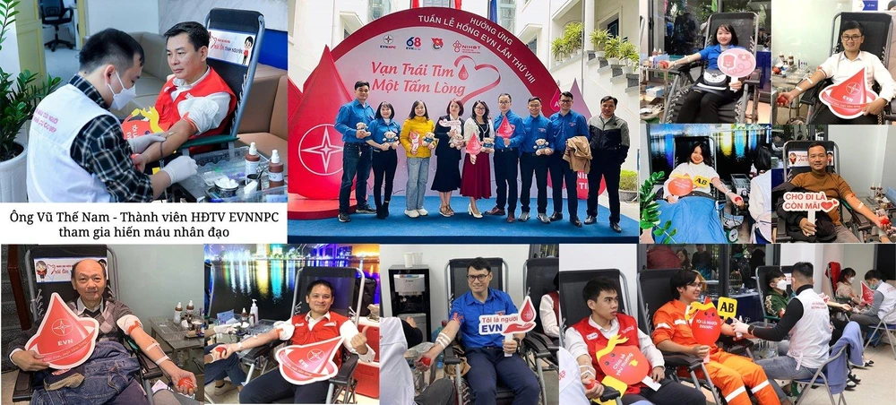 Lãnh đạo EVNNPC cùng nhân viên tham gia hiến máu nhân đạo.