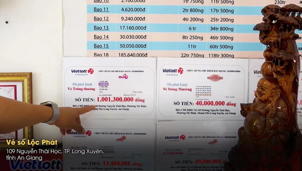 Để thu hút thêm khách hàng mới, anh Ngoan trưng bày nhiều kết quả trúng thưởng, trong đó có giải Đặc biệt 1 tỷ đồng của sản phẩm Max 3D+