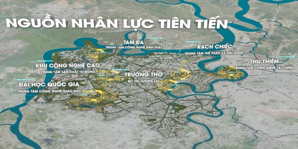 TP Thủ Đức với các khu: khu công nghệ cao, khu Tam Đa (Trung tâm công nghệ sinh thái), Khu trung tâm thể thao và sức khỏe Rạch Chiếc, Khu đô thị tương lai Trường Thọ, khu Đại học Quốc gia, trung tâm công nghệ tài chính Thủ Thiêm.