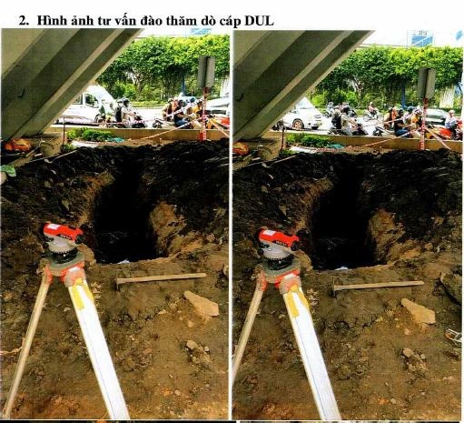Đơn vị tư vấn đào thăm dò cáp dưới mố nhịp chính cầu vượt Nguyễn Hữu Cảnh ngày 19-9, thấy rõ ống cáp hiện lên giữa hố đào.