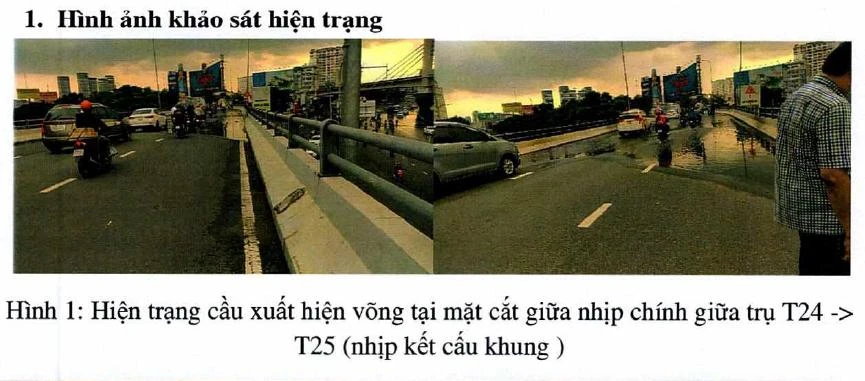 Ngoài ra, khi khảo sát hiện trạng, cơ quan chức năng cũng cho biết cầu bị võng tại mặt cắt giữa nhịp chính.