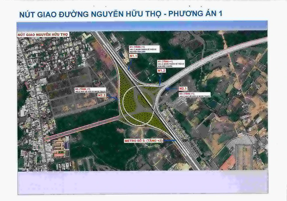 Một phương án làm nút giao đường Nguyễn Hữu Thọ theo đề xuất của TP.HCM về cầu Phú Mỹ 2. Ảnh: Sở GTVT TP.HCM.