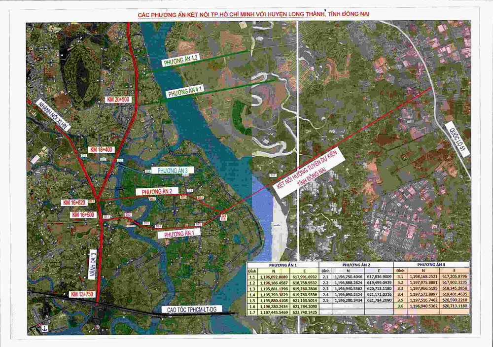 Trong các phương án do 2 tỉnh đề xuất làm cầu kết nối TP Thủ Đức với tỉnh Đồng Nai, Sở GTVT TP.HCM cho biết phương án 2 là phương án khả thi nhất. Ảnh: Sở GTVT TP.HCM.
