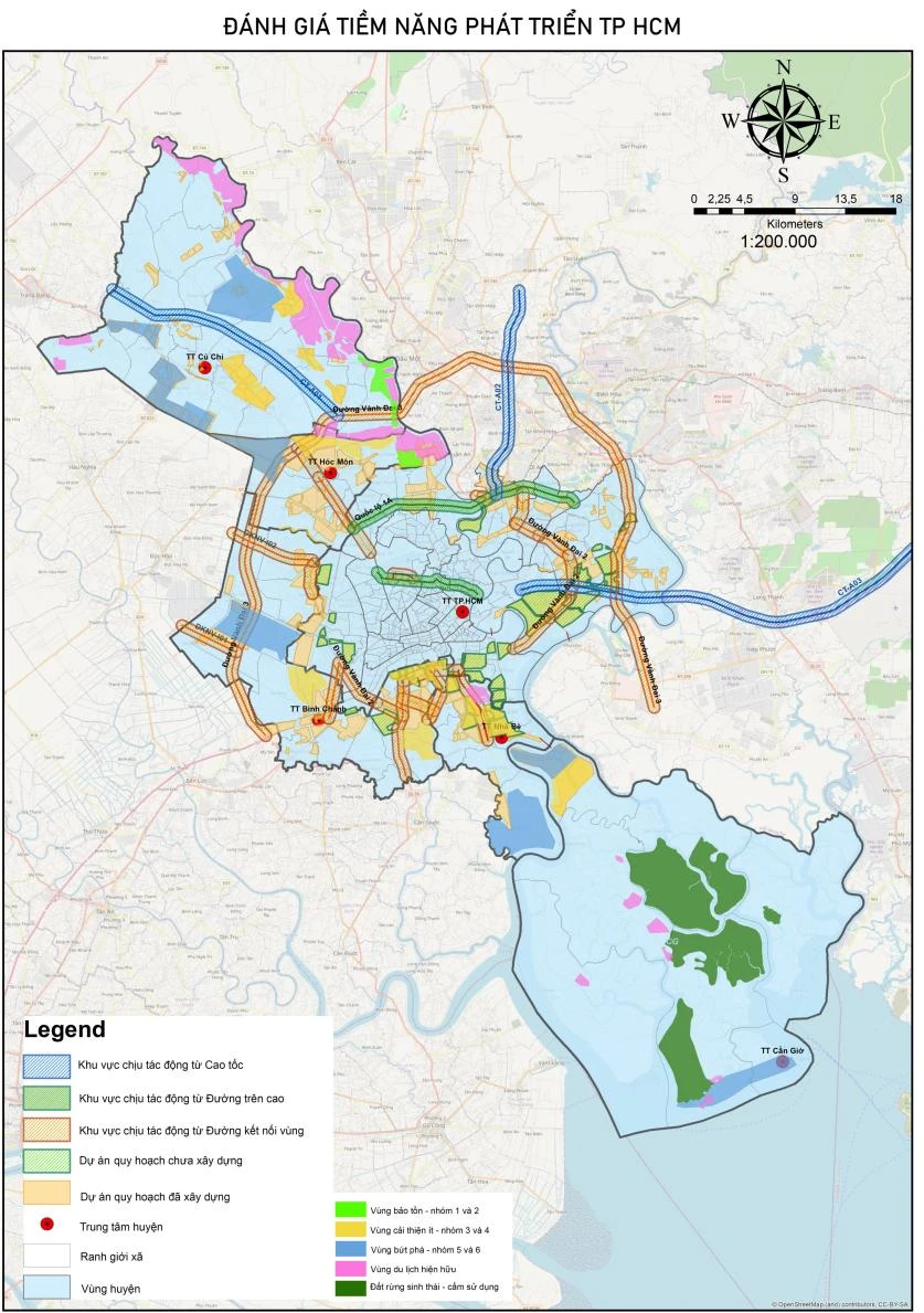 Các khu vực tiềm năng phát triển của TP.HCM với 5 điểm đỏ là trung tâm huyện.