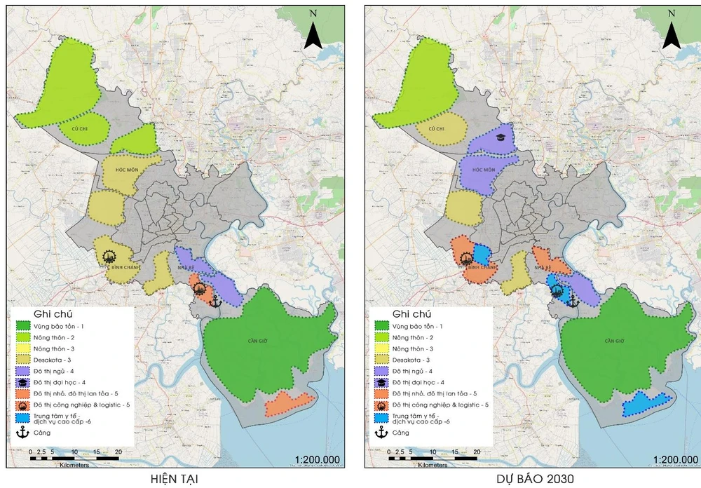 Theo đề án, Sở QH-KT phân nhóm các mô hình định cư ở vùng ven TP.HCM gồm sáu nhóm. Cụ thể, nhóm 1 là nông thôn bảo tồn, lấy tự nhiên là chủ đạo; nhóm 2 là nông thôn mật độ cao; nhóm 3 là thị trấn hoặc giao thoa ven đô theo mô hình đô thị - nông thôn; nhóm 4 là đô thị ngủ; nhóm 5 là đô thị hình thành từ lan tỏa; nhóm 6 là trung tâm - lõi trung tâm - khu vực động lực mới. Trong sáu nhóm này, Sở QH-KT đánh giá nhóm 6 sẽ trở thành các trung tâm của các huyện. Theo đó, nhóm 6 có chức năng kinh tế mới, có vai trò là trung tâm đô thị thứ cấp của vùng lớn, là động lực tạo phát triển lâu dài cho địa phương. Vì vậy, nhóm này cần được đầu tư hạ tầng tập trung để thúc đẩy phát triển. Trong đề án, Sở QH-KT cho rằng hiện nay các khu đô thị Cần Giờ, Tây Bắc, Hiệp Phước, Tây Bình Chánh có thể phát triển theo mô hình này.