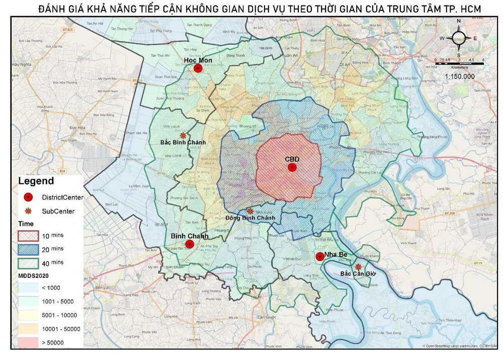 Nếu coi lõi trung tâm là khu vực tập trung việc làm, các trung tâm việc làm mới sẽ khó có thể thành công do không thể kết nối nhanh với trung tâm hiện hữu. Khu đô thị Tây Bắc (Củ Chi) cần hơn 70 phút để tiếp cận đến lõi trung tâm cũ, còn Cần Thạnh (Cần Giờ) cần tới 120 phút. Nhìn chung, với cấu trúc không gian hiện tại, các khu vực không tiếp cận được lõi trung tâm trong vòng 60 phút chưa thể thu hút đầu tư và phát triển bứt phá, còn các khu vực bên trong khu vực tiếp cận này tại vùng ven dễ trở thành đô thị ‘ngủ’ trừ khi có động lực tăng trưởng đủ lớn