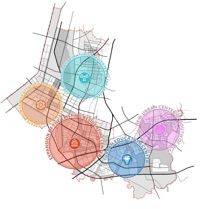 Năm trung tâm mới của huyện Bình Chánh theo triết lý đa tâm. Triết lý đa tâm của Bình Chánh, kéo dài từ phía Tây đến phía Nam của TP.HCM, đề xuất một cấu trúc quy hoạch kiến tạo chuỗi đa trung tâm. Mỗi trung tâm sẽ có vai trò và chức năng riêng biệt, kết nối với nhau để tạo thành một mạng lưới mạnh mẽ và tương hỗ.