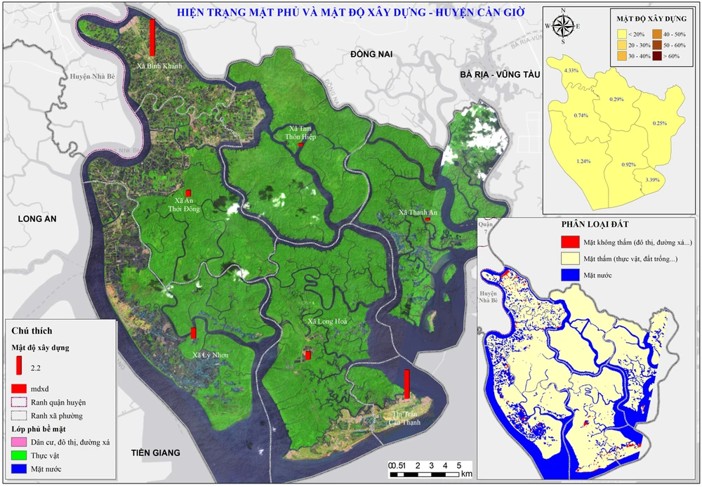 Bản đồ hiện trạng mặt phủ và mật độ xây dựng huyện Cần Giờ (Nguồn: tính toán của nhóm nghiên cứu – sử dụng giải đoán ảnh vệ tinh). Huyện Cần Giờ có cơ hội trở thành thành phố xanh, du lịch sinh thái thân thiện môi trường, trung tâm nghỉ dưỡng chất lượng cao, có đủ sức cạnh tranh và thu hút khách du lịch với các trung tâm du lịch khác tại Việt Nam và khu vực Đông Nam Á.